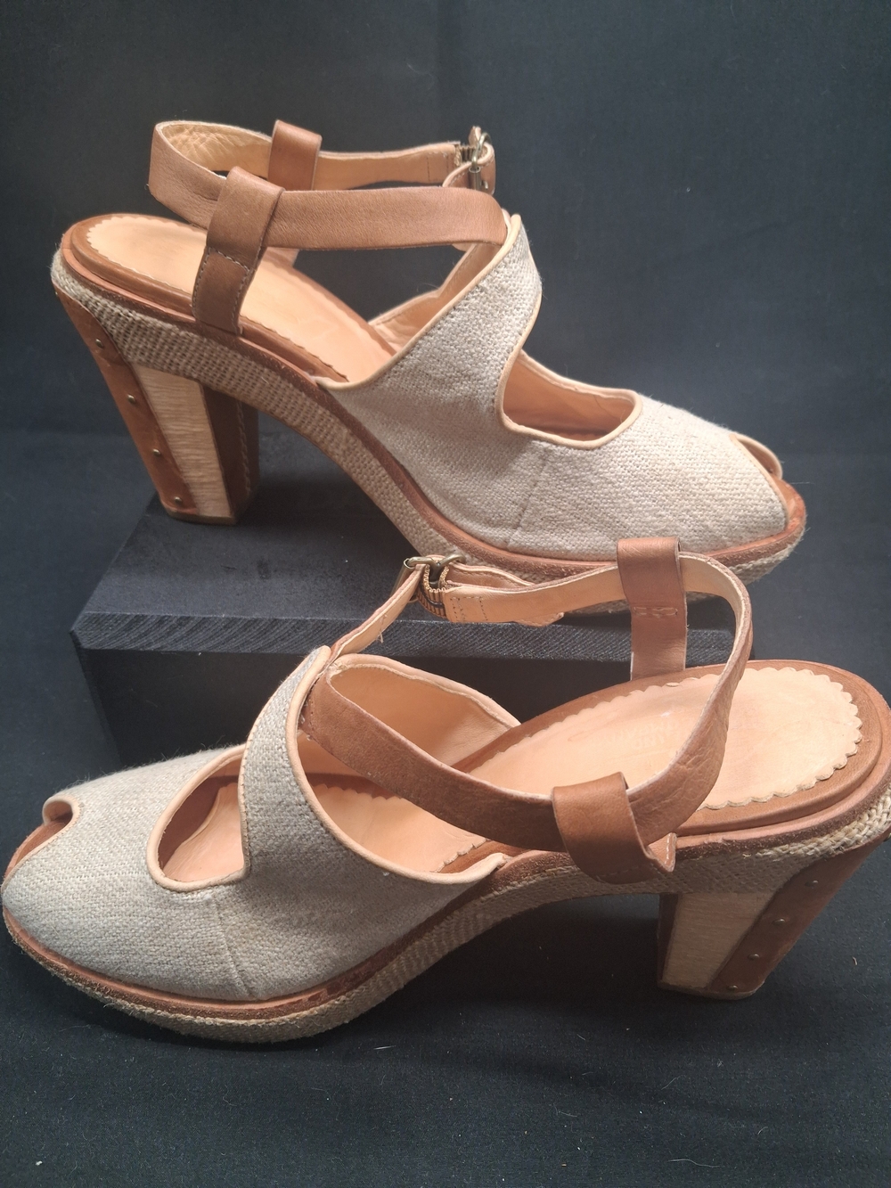Timberland Beige Canvas and Tan Leather Peep-Toe Block Sandals